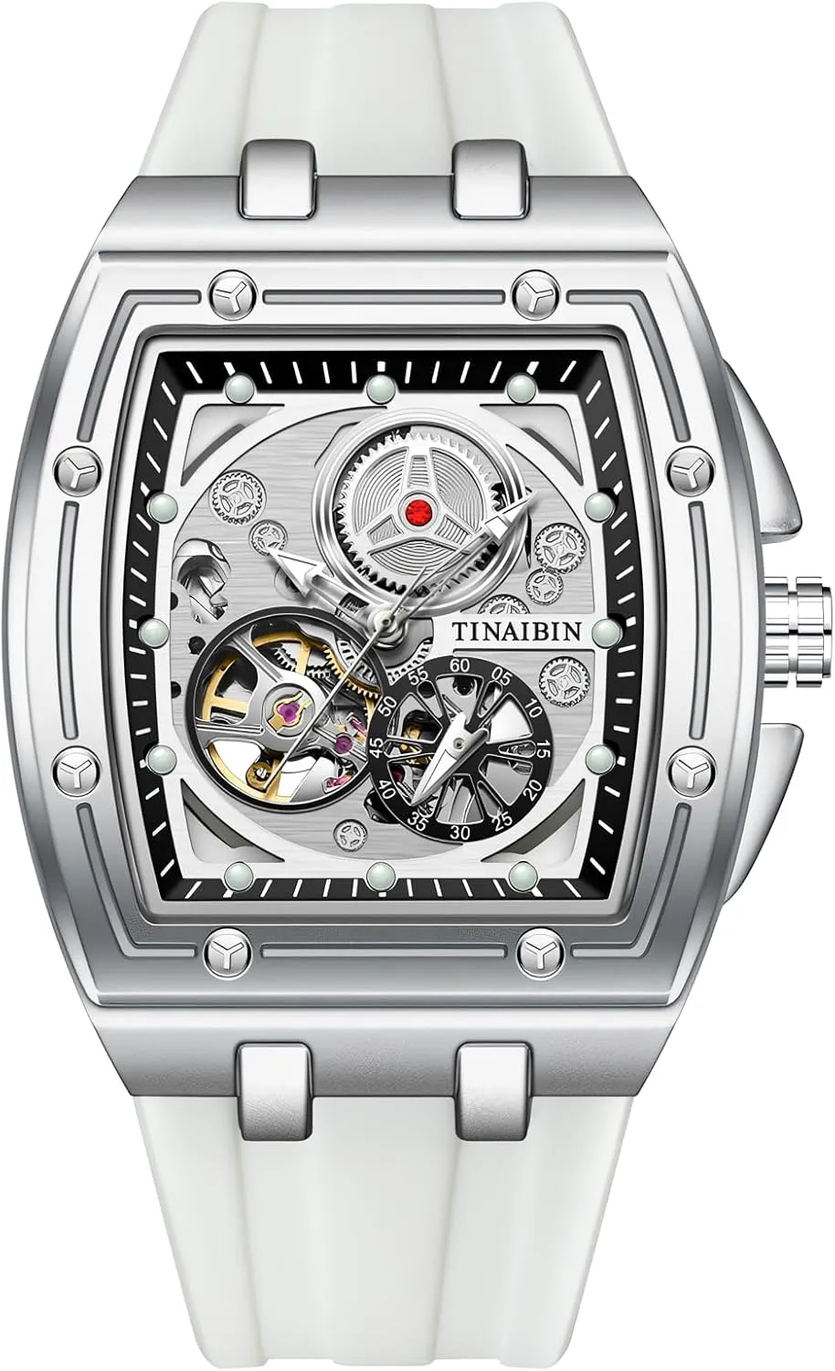 Watches for Mens Luxury Tonneau Skeleton Mechanical Watch Independent Seconds Dial Hollow shipwright technical prairie standpoint Out Waterproof Luminous Silicone Strap Automatic 
