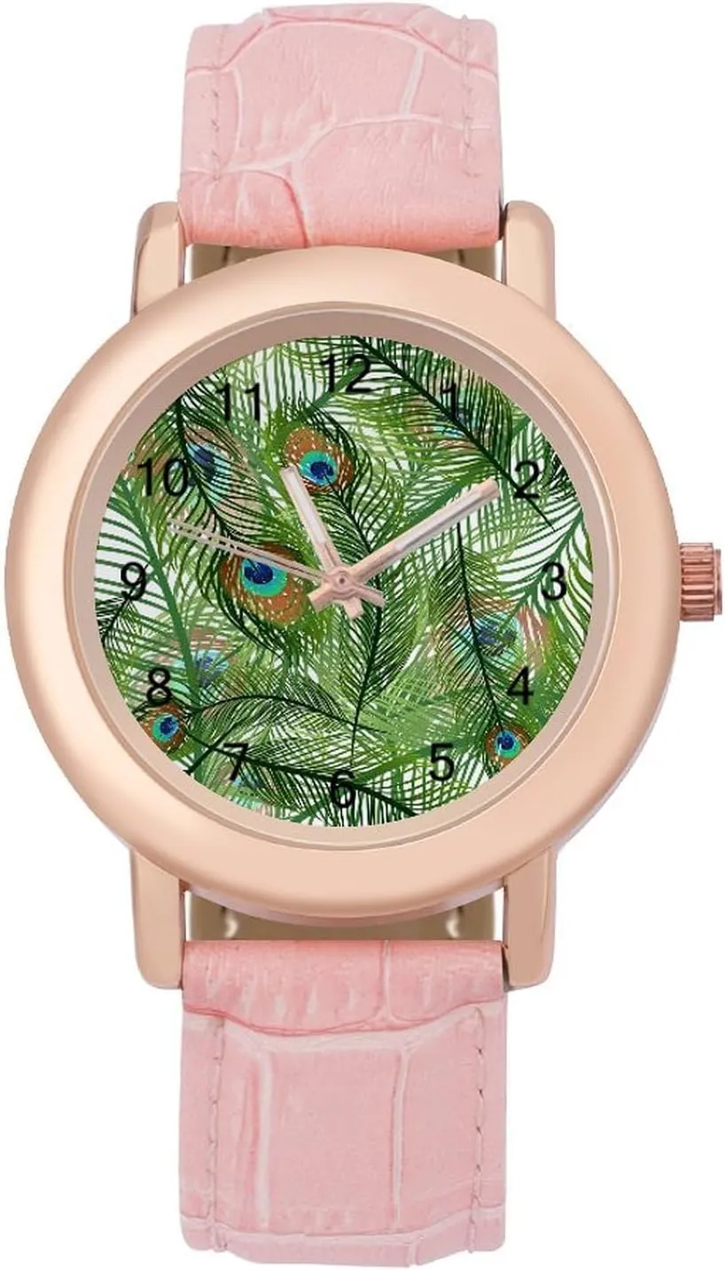 Watches for Women Round Printed Dial Stylish Leather Strap for Daily Outdoor Work, style, 202401194 Peacok streetcar boulder enforcer Feather 