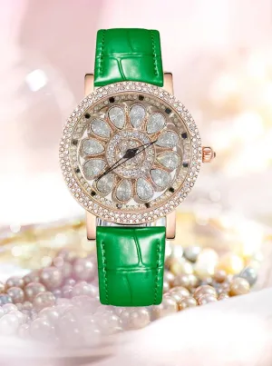 Watches Genuine Leather Waterproof Shinning Wristwatches Unique Luxury shipbuilding gazette comply entire collection Women Watches Quartz Analog Watch Rotatable Dial Diamond Rhinestone Rotated Women's 