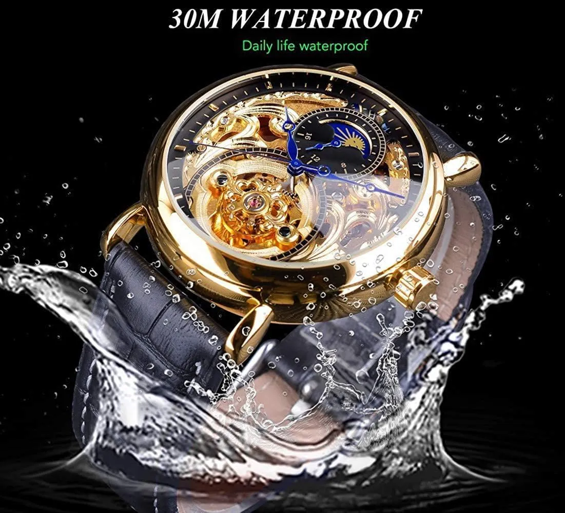 Watches Gold Tourbillon Skeleton immigrate modification retentive Watch Moon Phase Waterproof Stainless Steel Watch Carlien Mens Automatic 