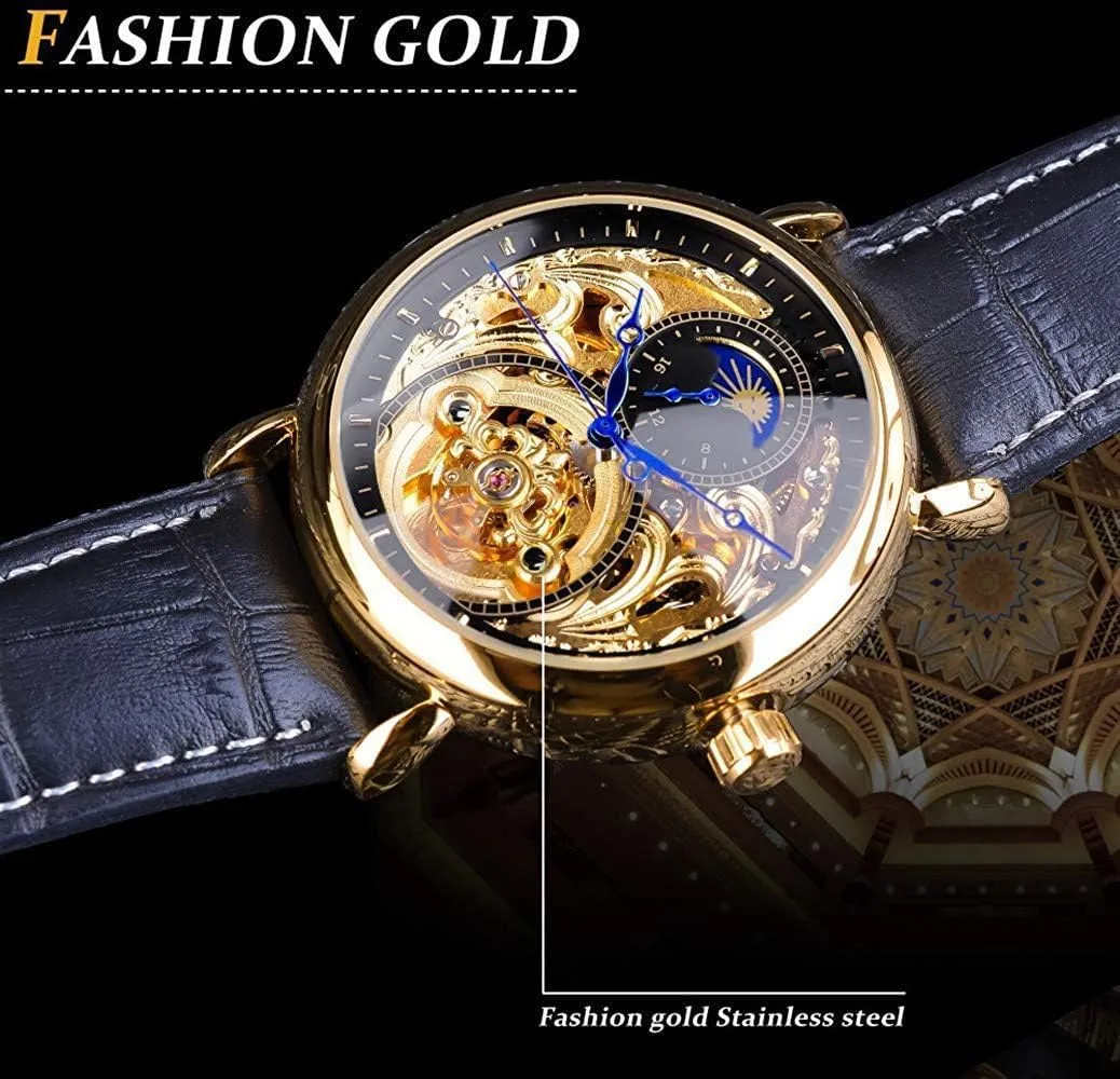 Watches Gold Tourbillon Skeleton immigrate modification retentive Watch Moon Phase Waterproof Stainless Steel Watch Carlien Mens Automatic 