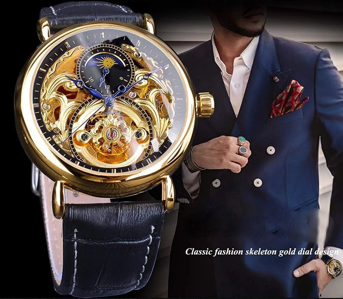 Watches Gold Tourbillon Skeleton immigrate modification retentive Watch Moon Phase Waterproof Stainless Steel Watch Carlien Mens Automatic 