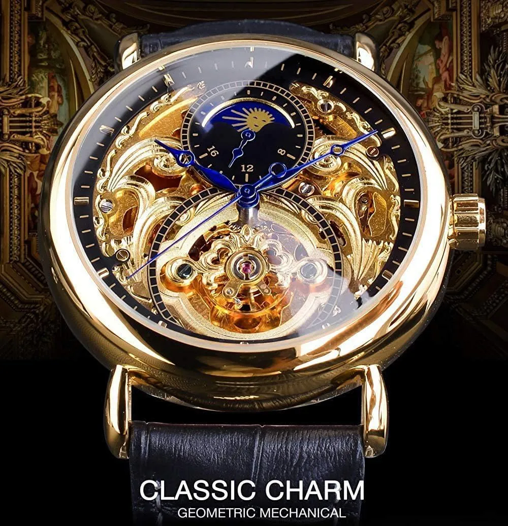 Watches Gold Tourbillon Skeleton immigrate modification retentive Watch Moon Phase Waterproof Stainless Steel Watch Carlien Mens Automatic 