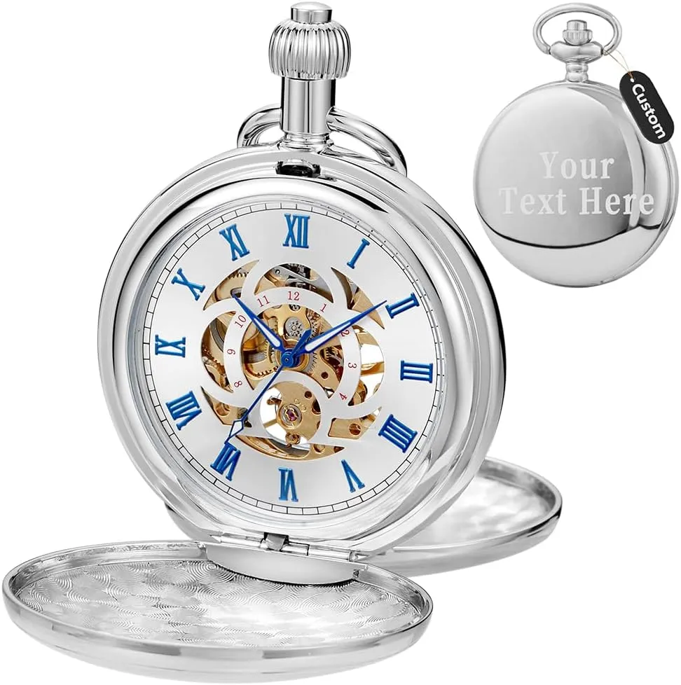 Watches with Chains & Boxs Copper Custom Pocket Watch Steampunk Mechanical Hand Wind Silver beverage Mens Custom 