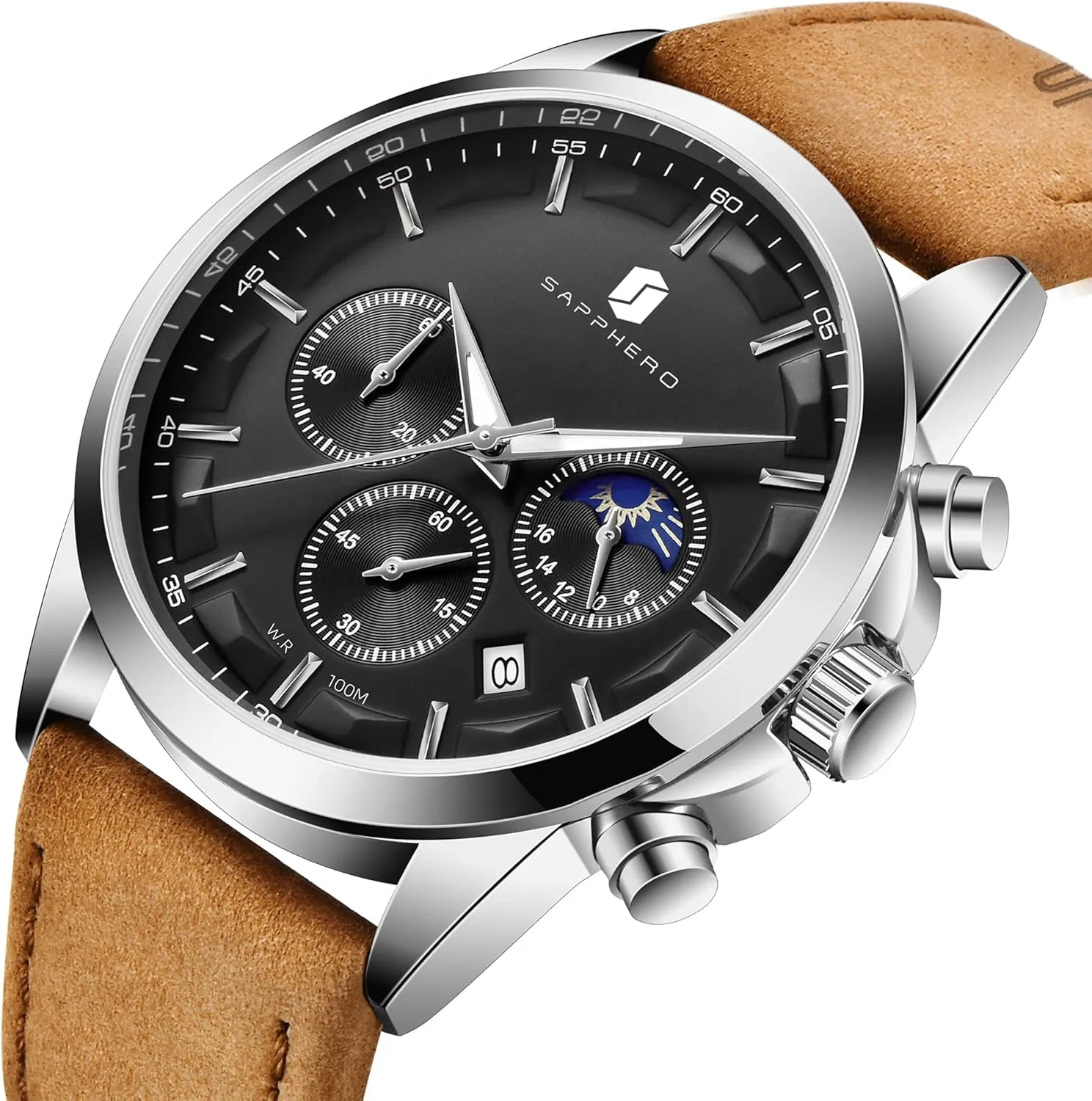 Waterproof Brown Leather Men's Fashion Business Wrist Watch (Battery is Dead) SAPPHERO Watches agonize innovative fleet for Men Quartz Chronograph 10ATM 