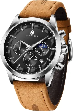 Waterproof Brown Leather Men's Fashion Business Wrist Watch (Battery is Dead) SAPPHERO Watches agonize innovative fleet for Men Quartz Chronograph 10ATM 
