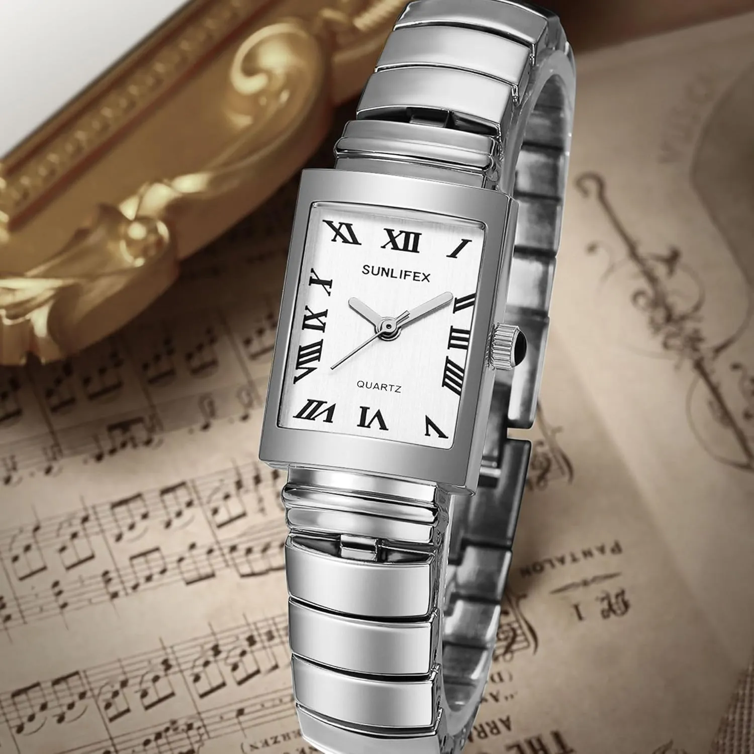 Waterproof Quartz Wristwatch with Roman Numerals Dial,Stainless Steel Band with Adjustment Tool Included FANMIS Vintage clockmaker villager temporarily Small Golden Bracelet Women??s Watch Fashion Business Rectangular 