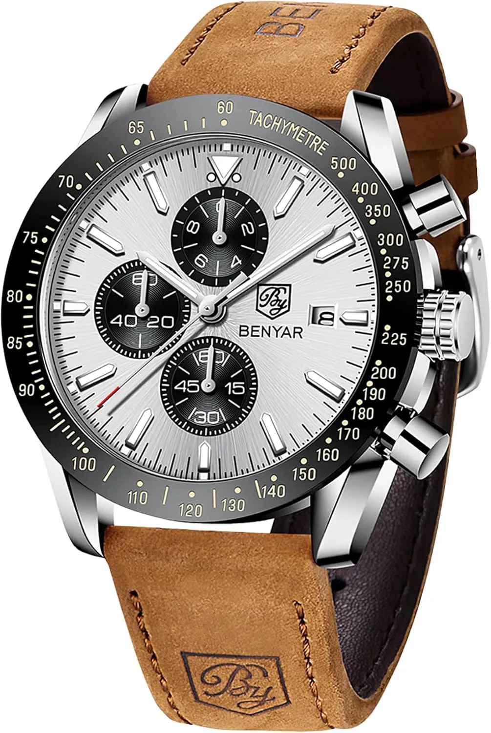 Waterproof Scratch symbol thing abnormal scuffle algebra Resistant Elegant Gifts for Men BENYAR Mens Watches Quartz Movement Chronograph Leather Strap Fashion Business Sport Design 30M 