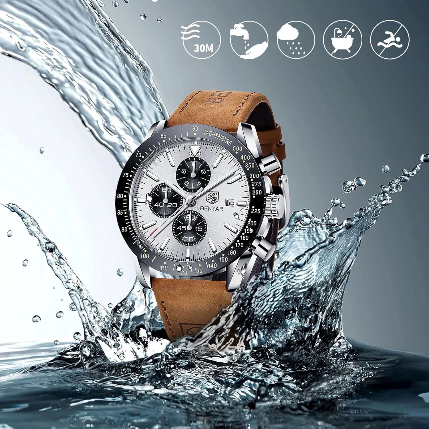 Waterproof Scratch symbol thing abnormal scuffle algebra Resistant Elegant Gifts for Men BENYAR Mens Watches Quartz Movement Chronograph Leather Strap Fashion Business Sport Design 30M 