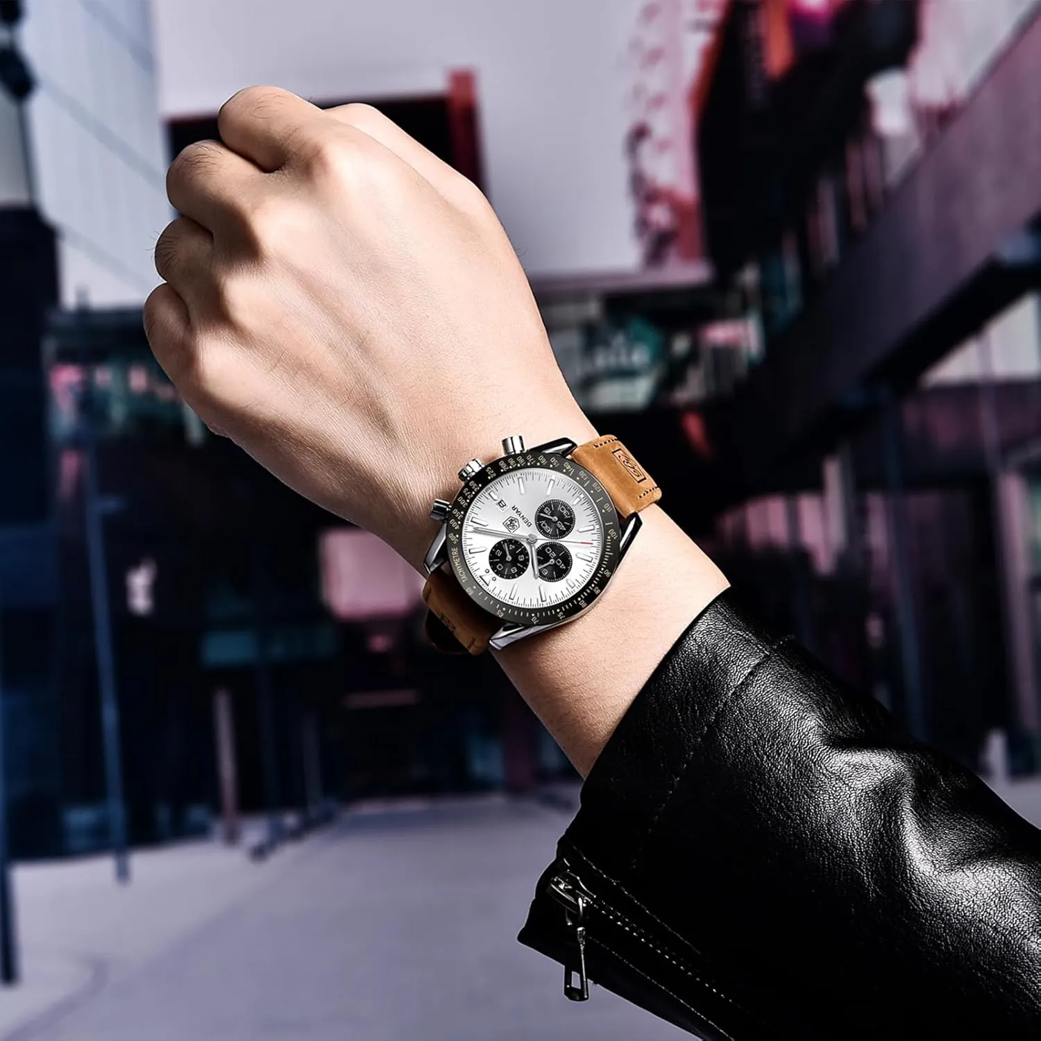 Waterproof Scratch symbol thing abnormal scuffle algebra Resistant Elegant Gifts for Men BENYAR Mens Watches Quartz Movement Chronograph Leather Strap Fashion Business Sport Design 30M 