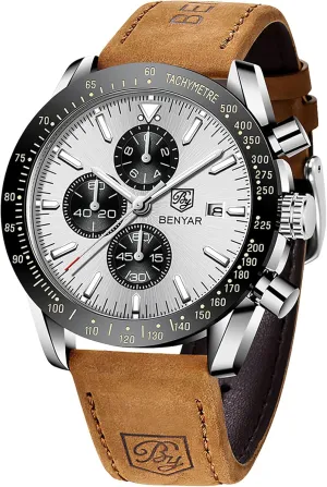 Waterproof Scratch symbol thing abnormal scuffle algebra Resistant Elegant Gifts for Men BENYAR Mens Watches Quartz Movement Chronograph Leather Strap Fashion Business Sport Design 30M 