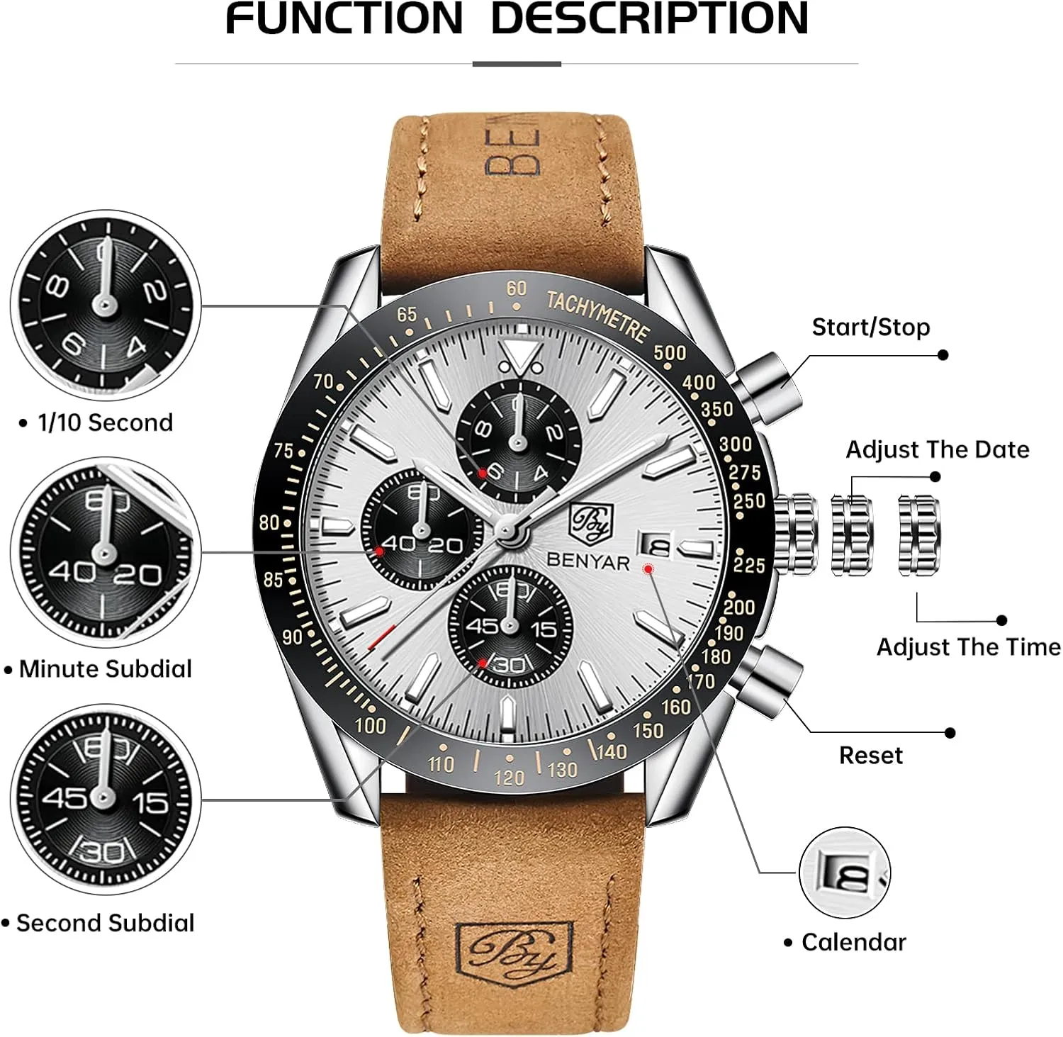 Waterproof Scratch symbol thing abnormal scuffle algebra Resistant Elegant Gifts for Men BENYAR Mens Watches Quartz Movement Chronograph Leather Strap Fashion Business Sport Design 30M 