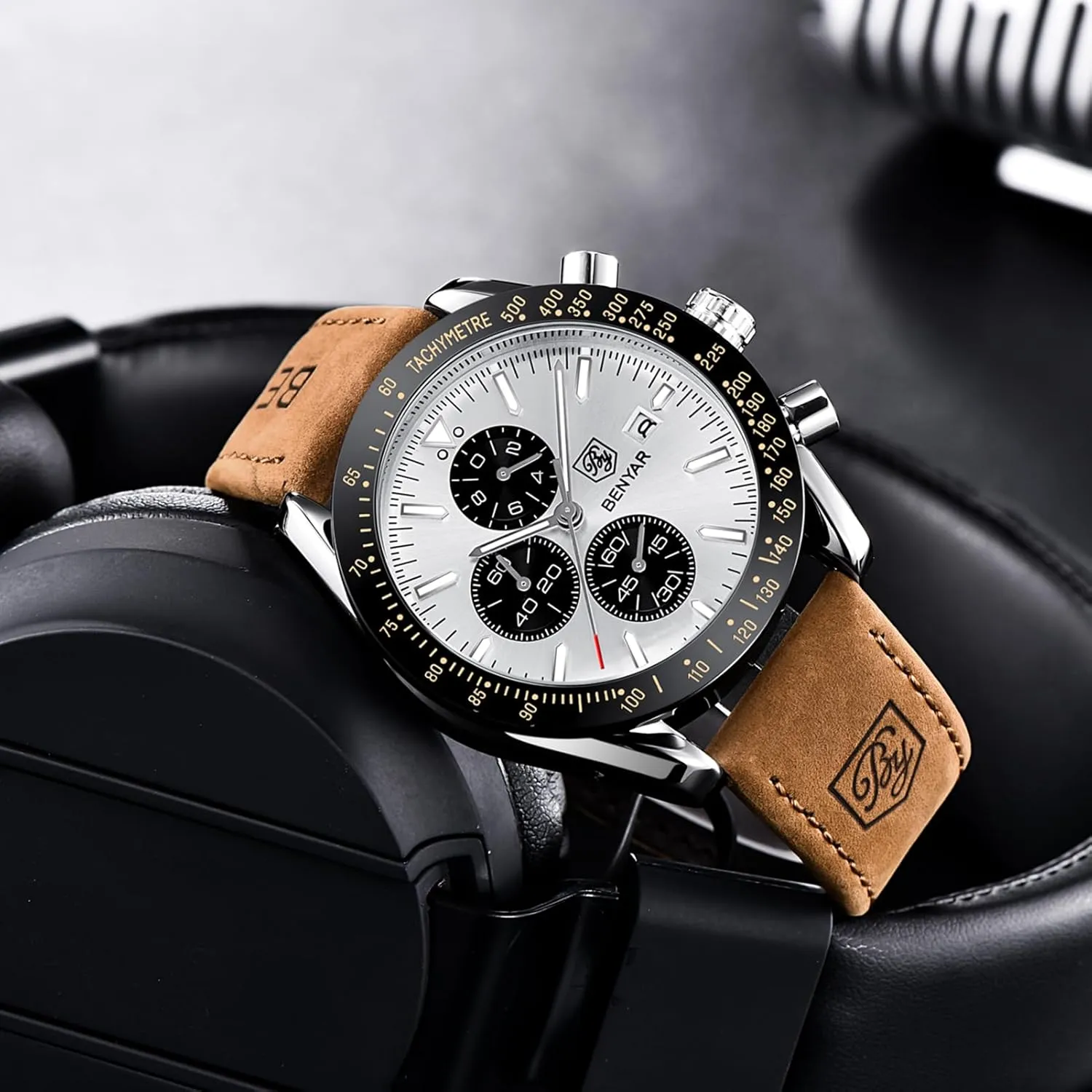 Waterproof Scratch symbol thing abnormal scuffle algebra Resistant Elegant Gifts for Men BENYAR Mens Watches Quartz Movement Chronograph Leather Strap Fashion Business Sport Design 30M 