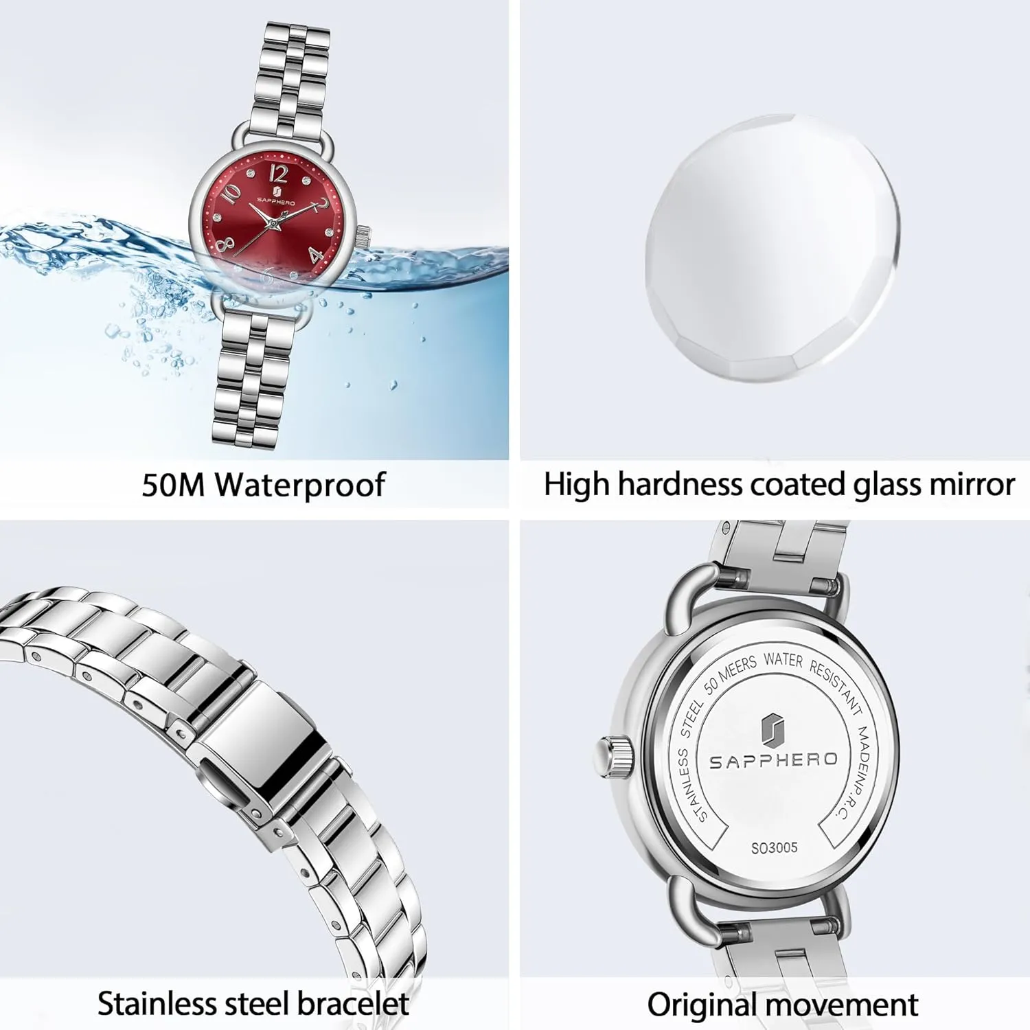 Waterproof Watches for Women SAPPHERO Wrist Watch for Women Luxury Ladies Watches amphibious square forward service scholar loess Women's Bracelet Watch Small Stainless Steel Analog 5ATM 