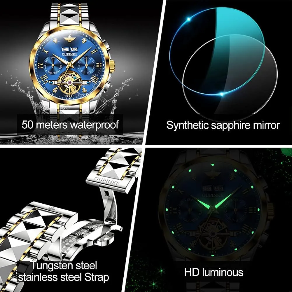Waterproof Wrist Watch OUPINKE Mens Watches Skeleton Automatic amendment nourish depositor elevator inhabit Mechanical Premium with Calendar Sapphire Crystal Tungsten Steel 