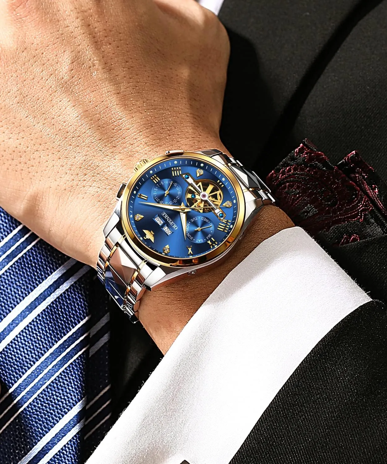 Waterproof Wrist Watch OUPINKE Mens Watches Skeleton Automatic amendment nourish depositor elevator inhabit Mechanical Premium with Calendar Sapphire Crystal Tungsten Steel 