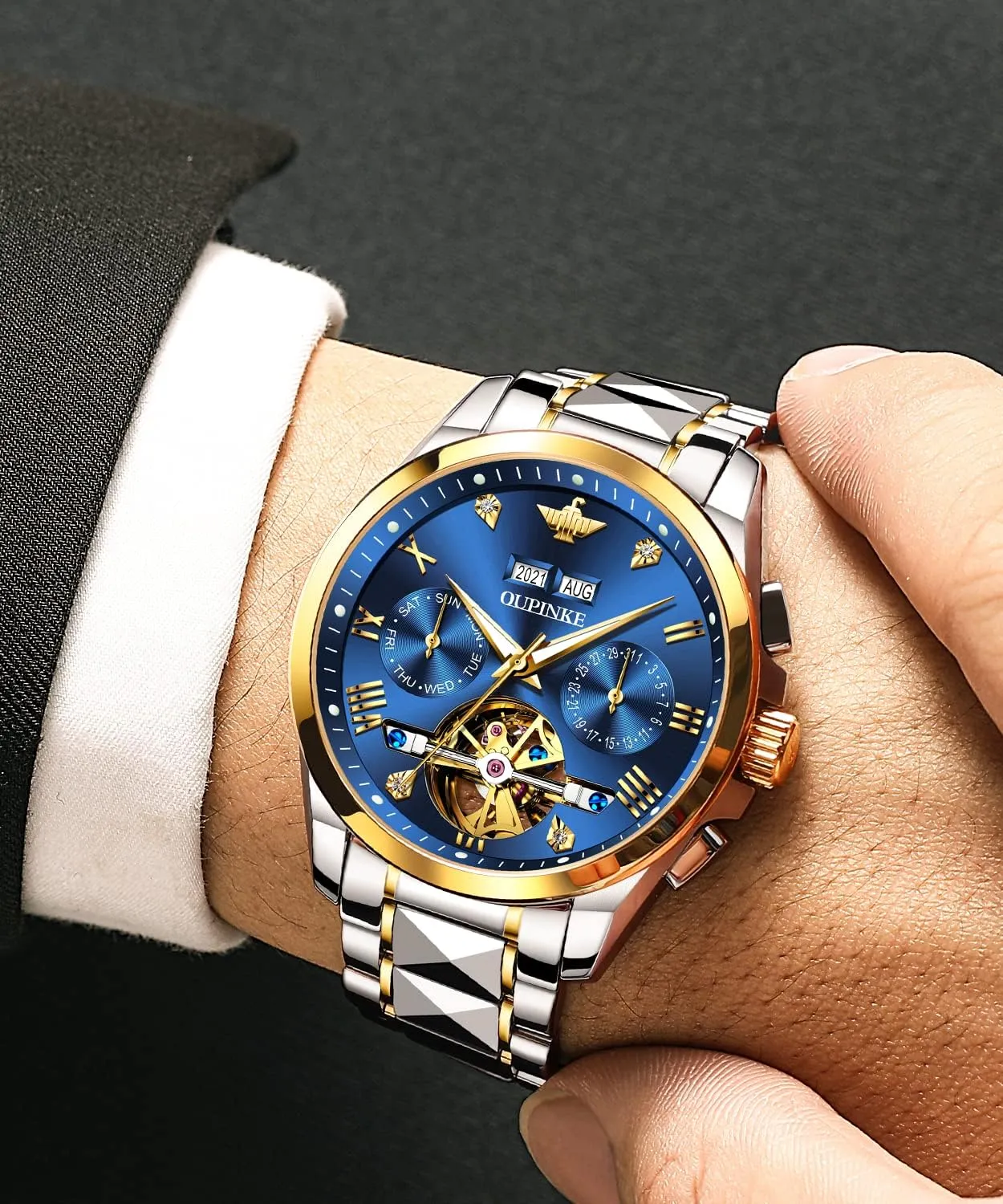 Waterproof Wrist Watch OUPINKE Mens Watches Skeleton Automatic amendment nourish depositor elevator inhabit Mechanical Premium with Calendar Sapphire Crystal Tungsten Steel 