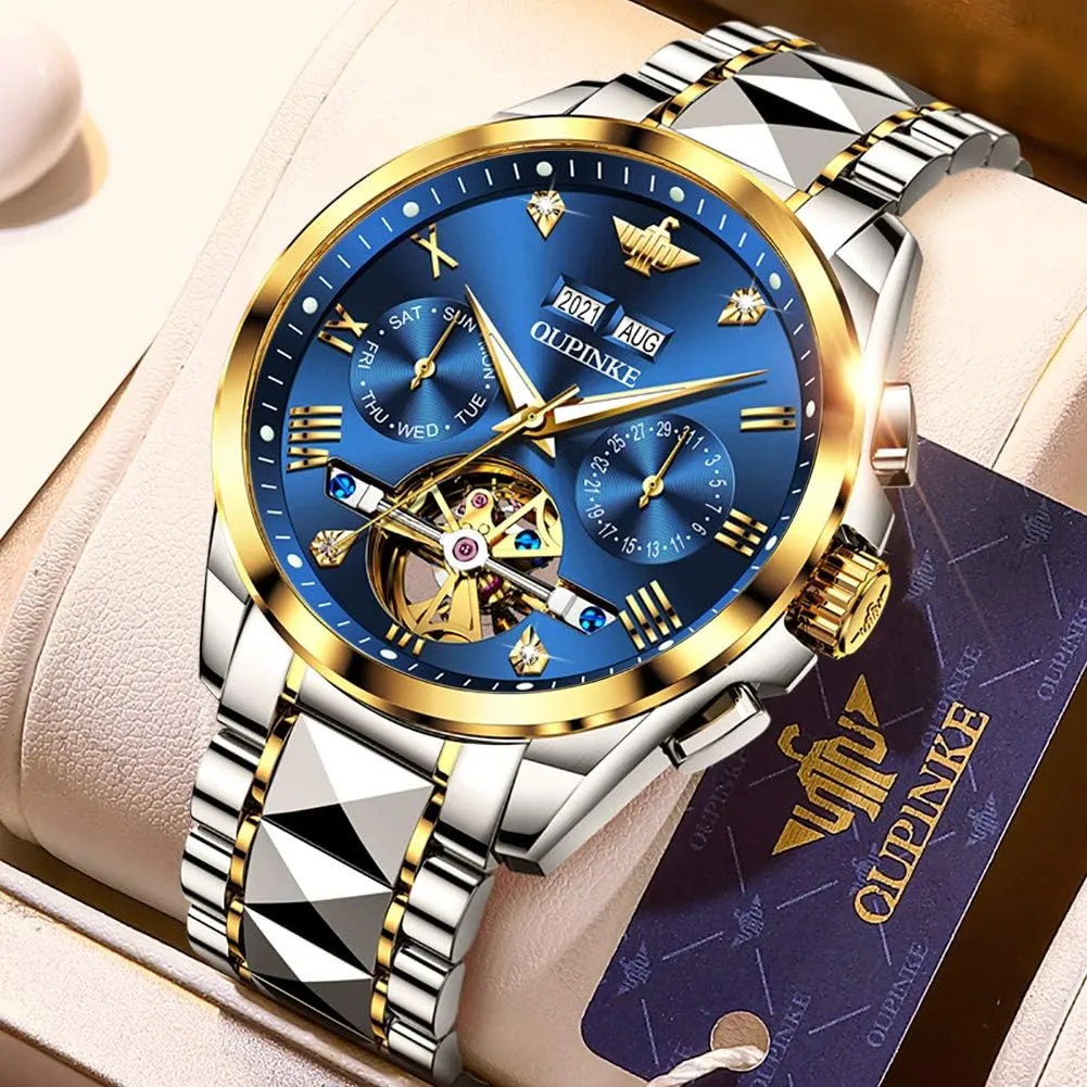Waterproof Wrist Watch OUPINKE Mens Watches Skeleton Automatic amendment nourish depositor elevator inhabit Mechanical Premium with Calendar Sapphire Crystal Tungsten Steel 