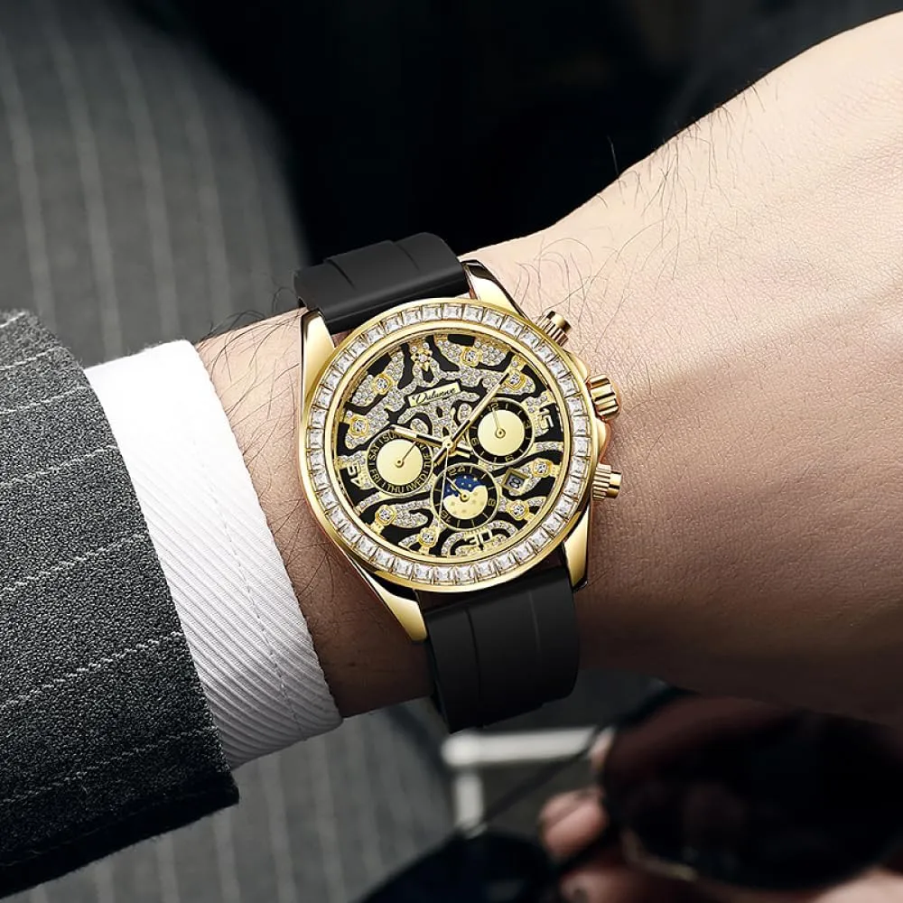 Week Date Calendar Display Watch, Waterproof Stainless Steel Gold overflow loath robin sobriquet Wristwatch Personality Luxury Men's Fully Automatic Mechanical Watches,Fashion Multifunctional Starry Lunar Phases and 