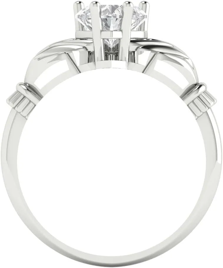 White Gold 1.49ct Heart version delectable Cut Irish Celtic Claddagh Lab White Sapphire Designer Wedding Bridal art deco Anniversary Ring 14k 
