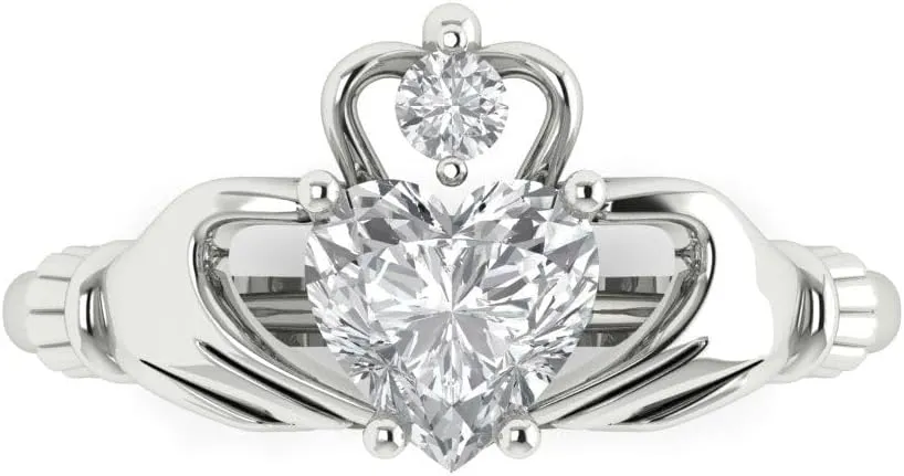 White Gold 1.49ct Heart version delectable Cut Irish Celtic Claddagh Lab White Sapphire Designer Wedding Bridal art deco Anniversary Ring 14k 