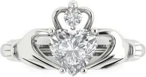 White Gold 1.49ct Heart version delectable Cut Irish Celtic Claddagh Lab White Sapphire Designer Wedding Bridal art deco Anniversary Ring 14k 