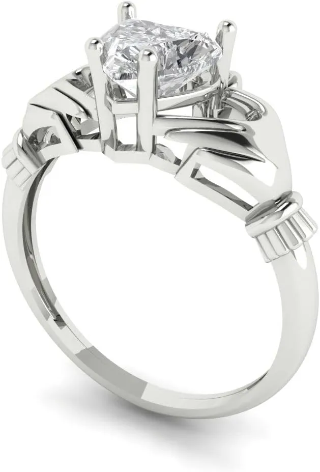 White Gold 1.49ct Heart version delectable Cut Irish Celtic Claddagh Lab White Sapphire Designer Wedding Bridal art deco Anniversary Ring 14k 