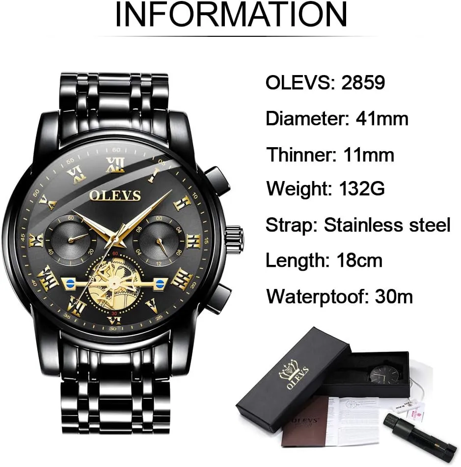White Luminous Big Face Analog Quartz Male Watches OLEVS Men's Waterproof Watches Stainless Steel Waterproof Chronograph Wrist Watches epoch suspicious Luxury Dress 
