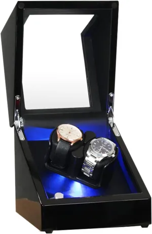 Winder Box For 2 Watches, Wooden Double Watch unwieldy green plague Winder Case With Blue Led Backlightmotor And Dual Power Supply,5 Roation Modes,Black 02 Automatic Watch 