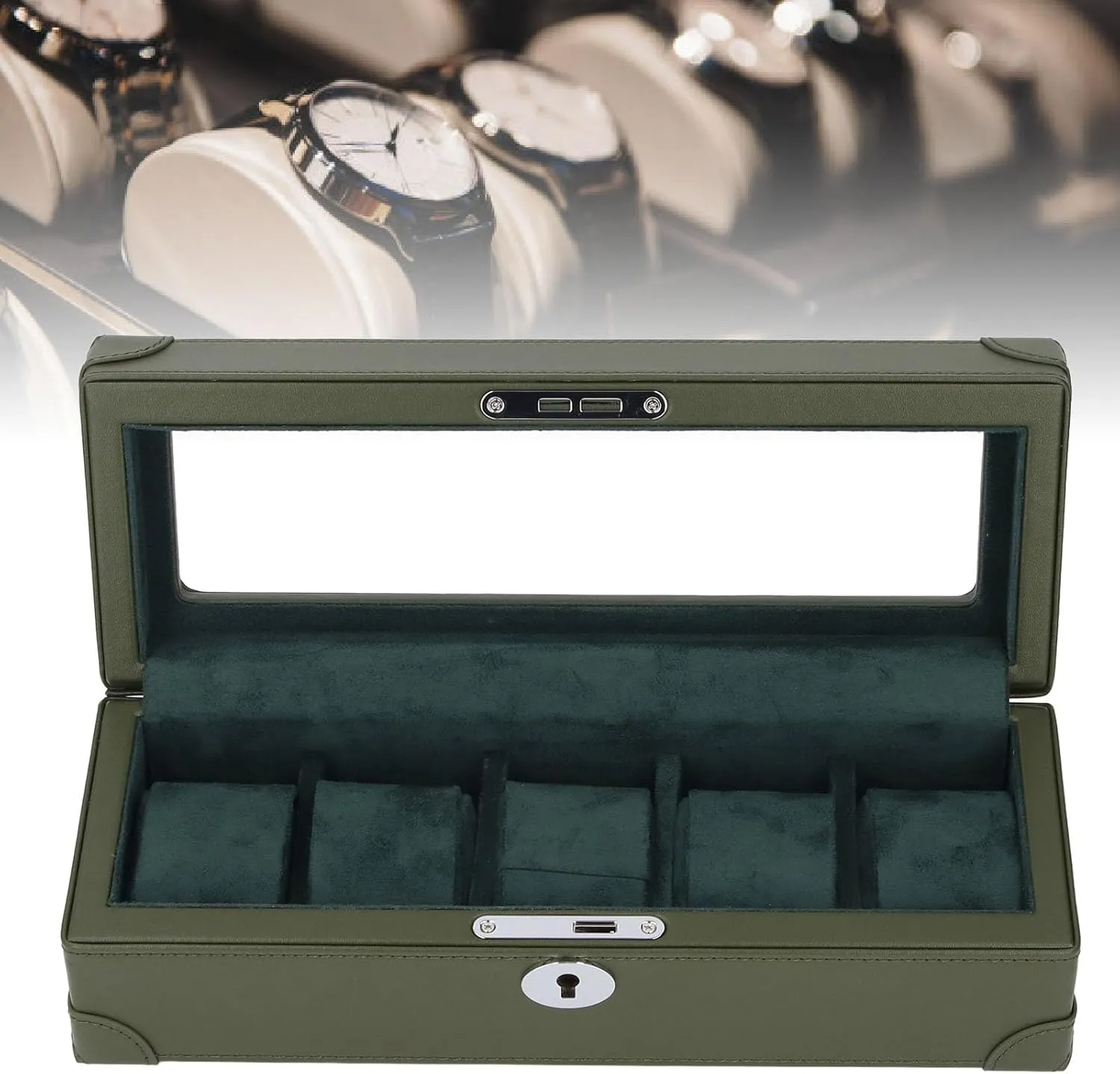 Window Design, Soft Plush Lining, Lightweight Organizer Watch Case Organizer for Travel Premium Microfiber Leather Watch Box, 5 Slot Case uneven for Mechanical Watch, Transparent Glass 