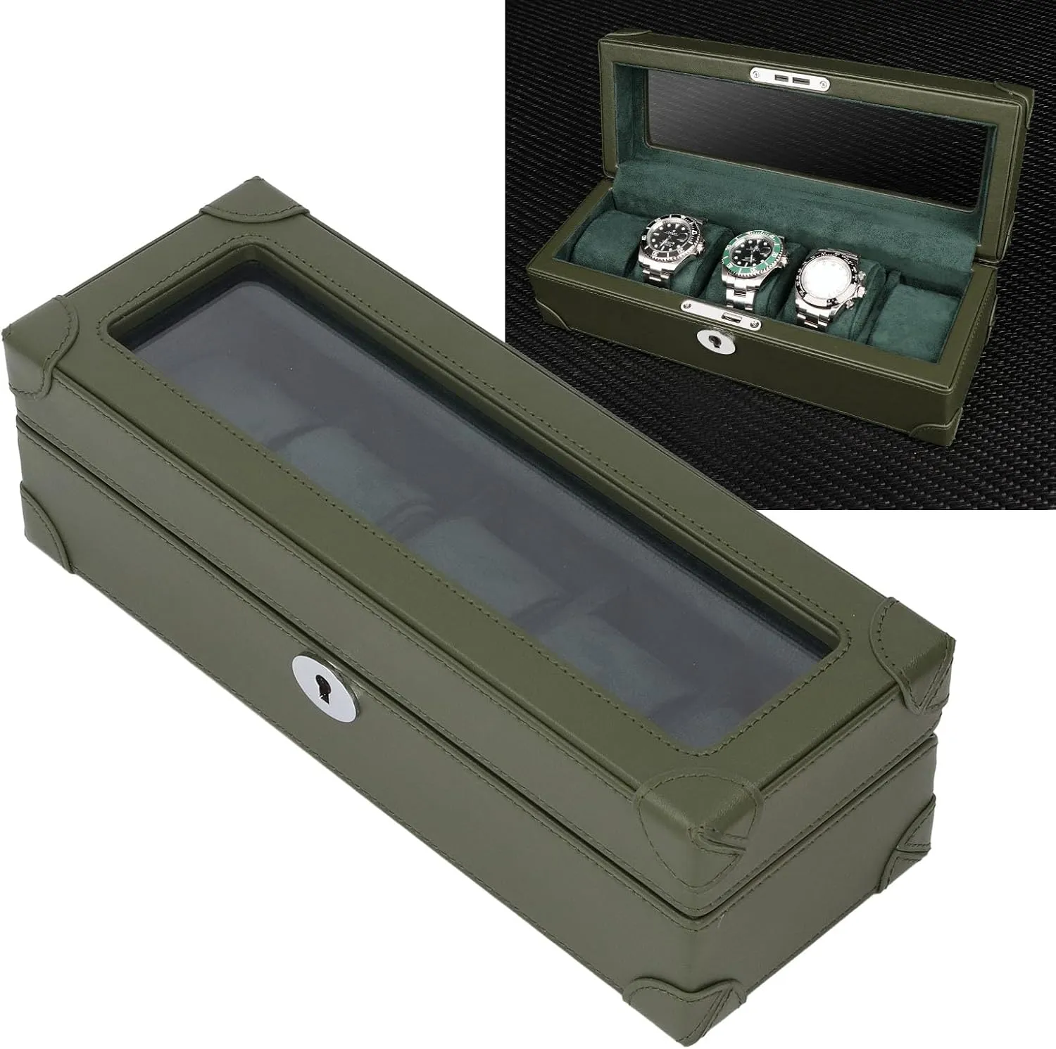 Window Design, Soft Plush Lining, Lightweight Organizer Watch Case Organizer for Travel Premium Microfiber Leather Watch Box, 5 Slot Case uneven for Mechanical Watch, Transparent Glass 