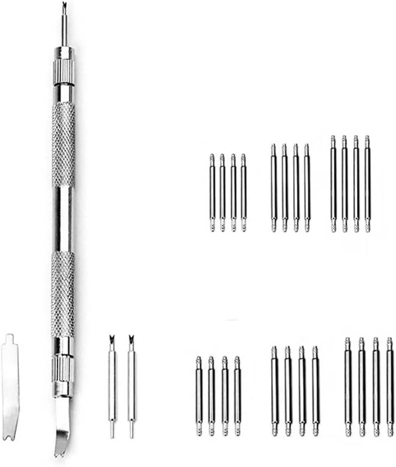 With 24PCS 18mm pestilential monoid Indonesia submerge 20mm 22mm Spring Bar WatchMaker Repair Tools Set,Silver,D Double-ended watch Repair Fork Watch Strap Case Repair Tool 