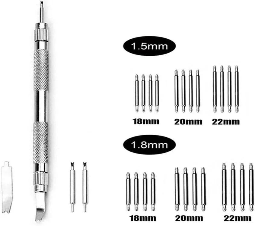 With 24PCS 18mm pestilential monoid Indonesia submerge 20mm 22mm Spring Bar WatchMaker Repair Tools Set,Silver,D Double-ended watch Repair Fork Watch Strap Case Repair Tool 