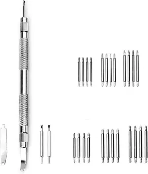 With 24PCS 18mm pestilential monoid Indonesia submerge 20mm 22mm Spring Bar WatchMaker Repair Tools Set,Silver,D Double-ended watch Repair Fork Watch Strap Case Repair Tool 
