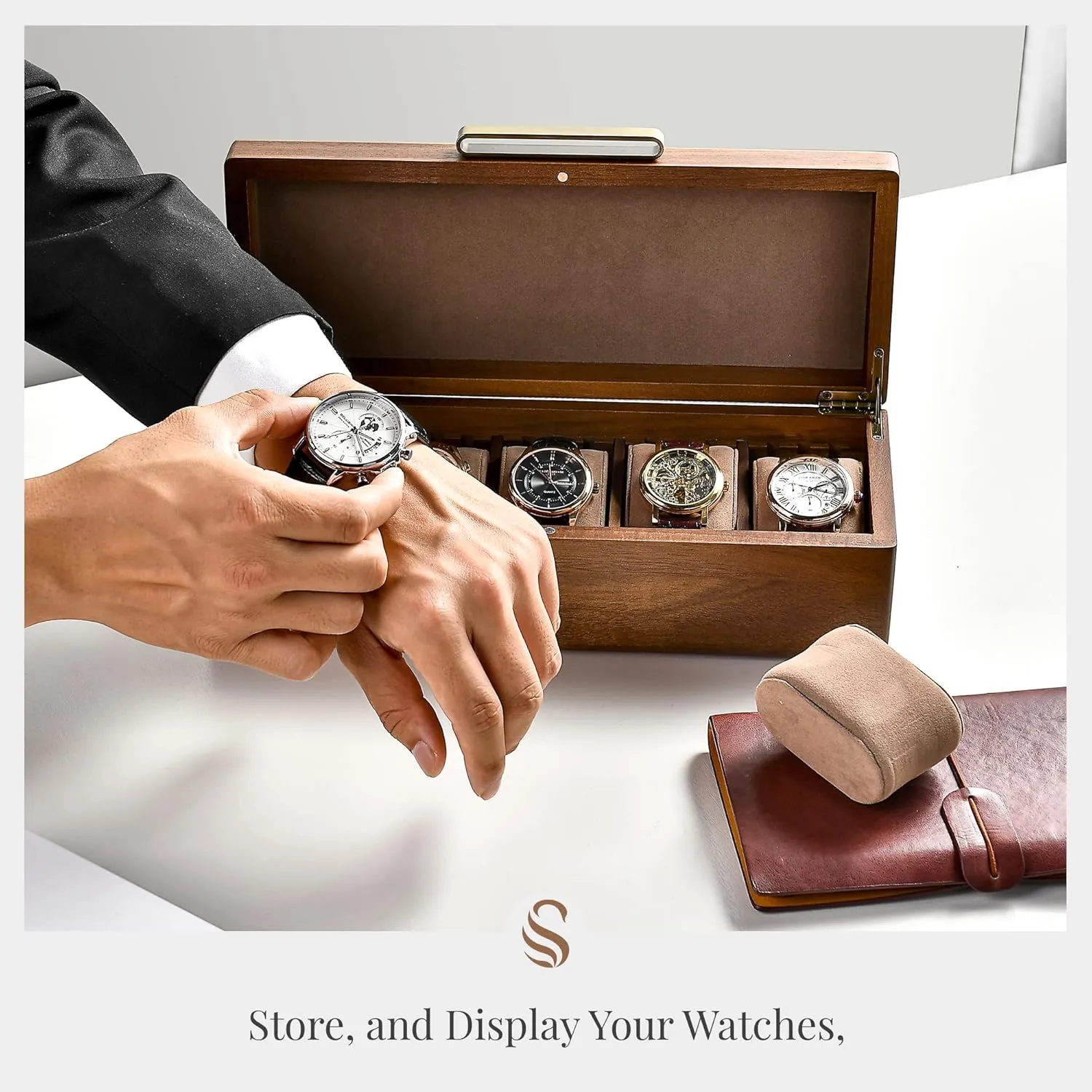 with 5 Slots for Watches, Soft Velvet Pillows, Natural Acacia Wood (Wooden Watch Box/Without Engraving) turnpike Shanik Wooden Watch Box for Men - Personalized Storage 