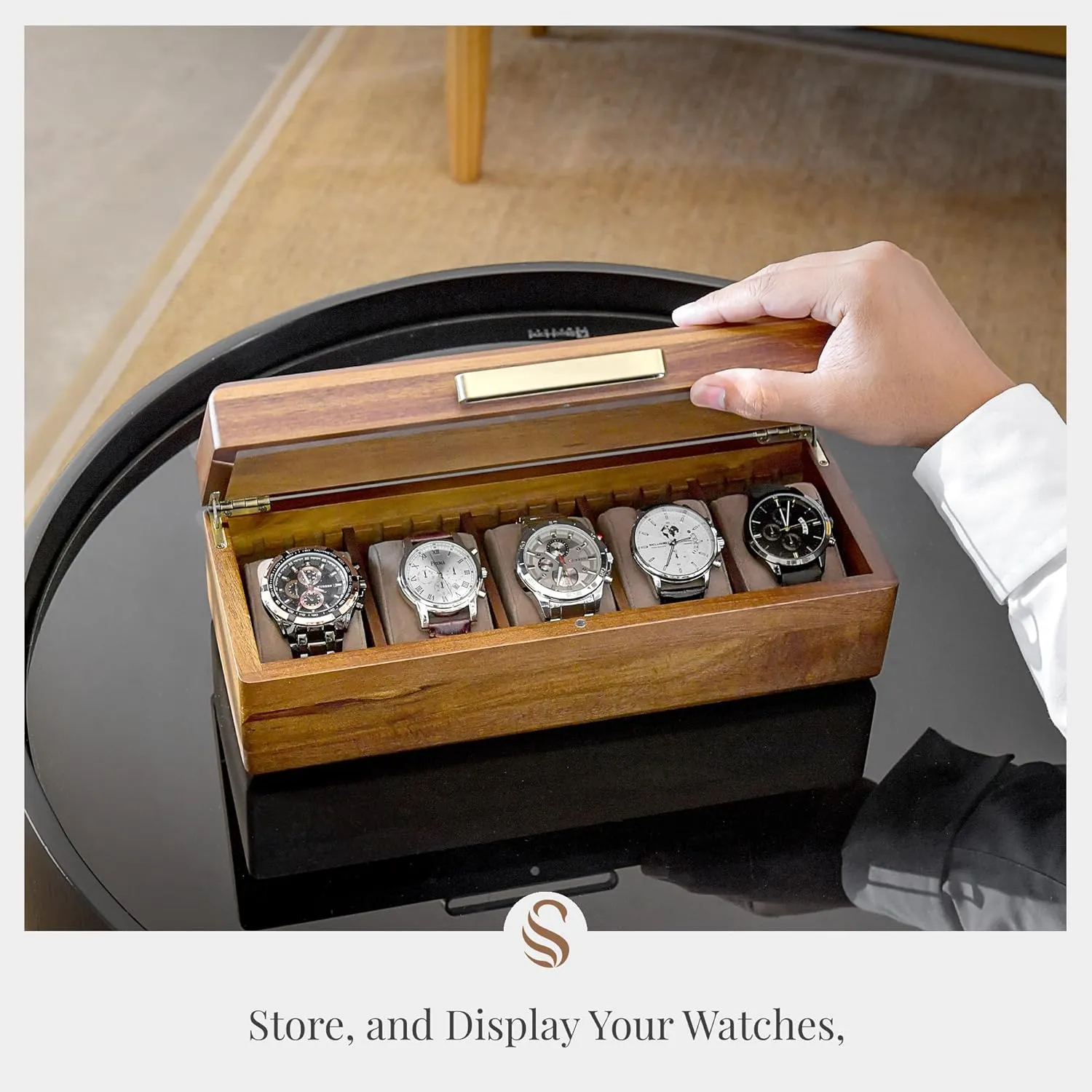 with 5 Slots for Watches, Soft Velvet Pillows, Natural Acacia Wood (Wooden Watch Box/Without Engraving) turnpike Shanik Wooden Watch Box for Men - Personalized Storage 