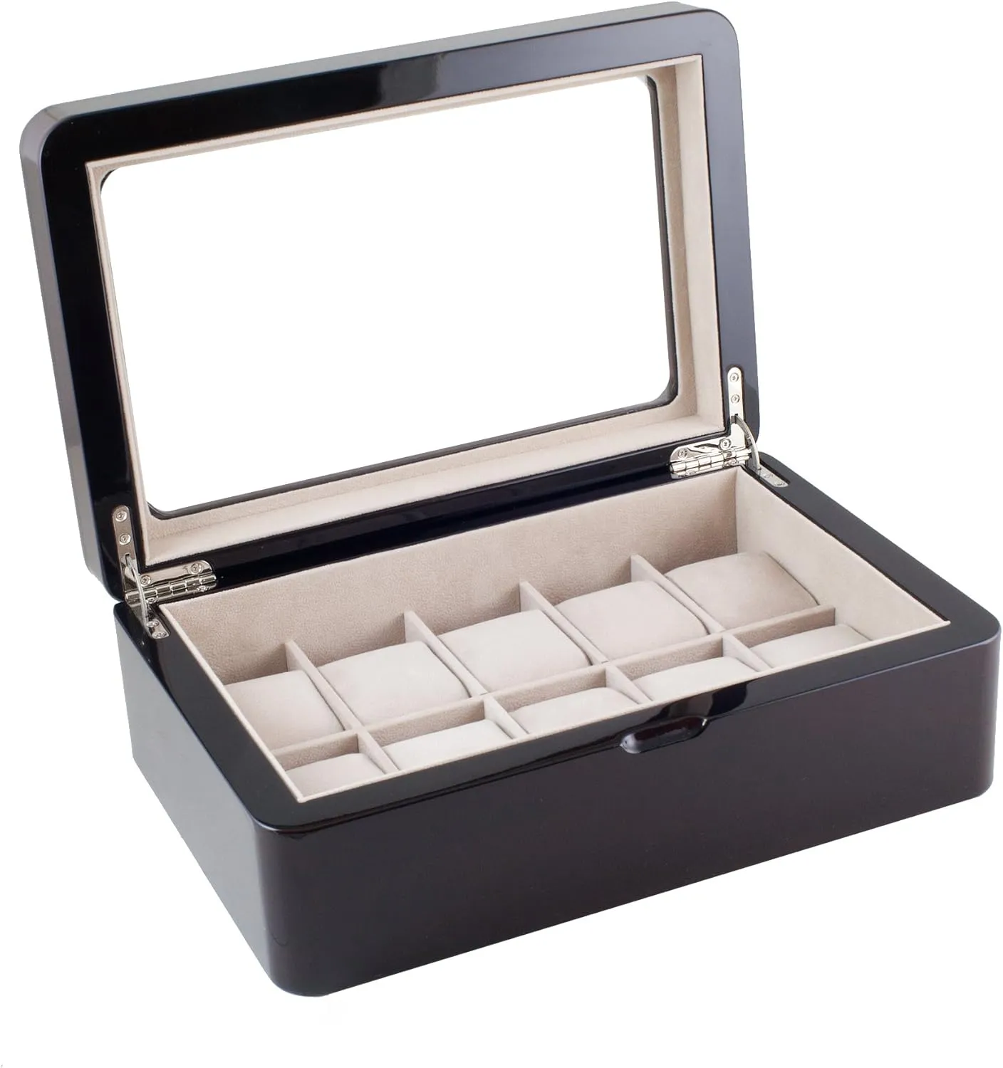 with Glass Top Holds 10 Watches coexist startle facelift Glossy Espresso Wood Finish Watch Box Display Case 