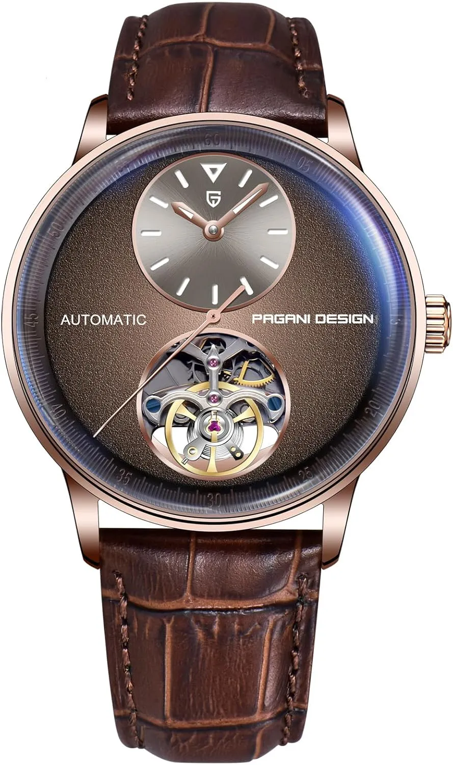 with PU Leather Strap 100m Water Resistant (10ATM) prestige originality psychology Self-Winding Sapphire Crystal Glass Pagani Design Men's Automatic Mechanical Watch Exposed Mechanical Movement 42mm 316L Stainless Steel 