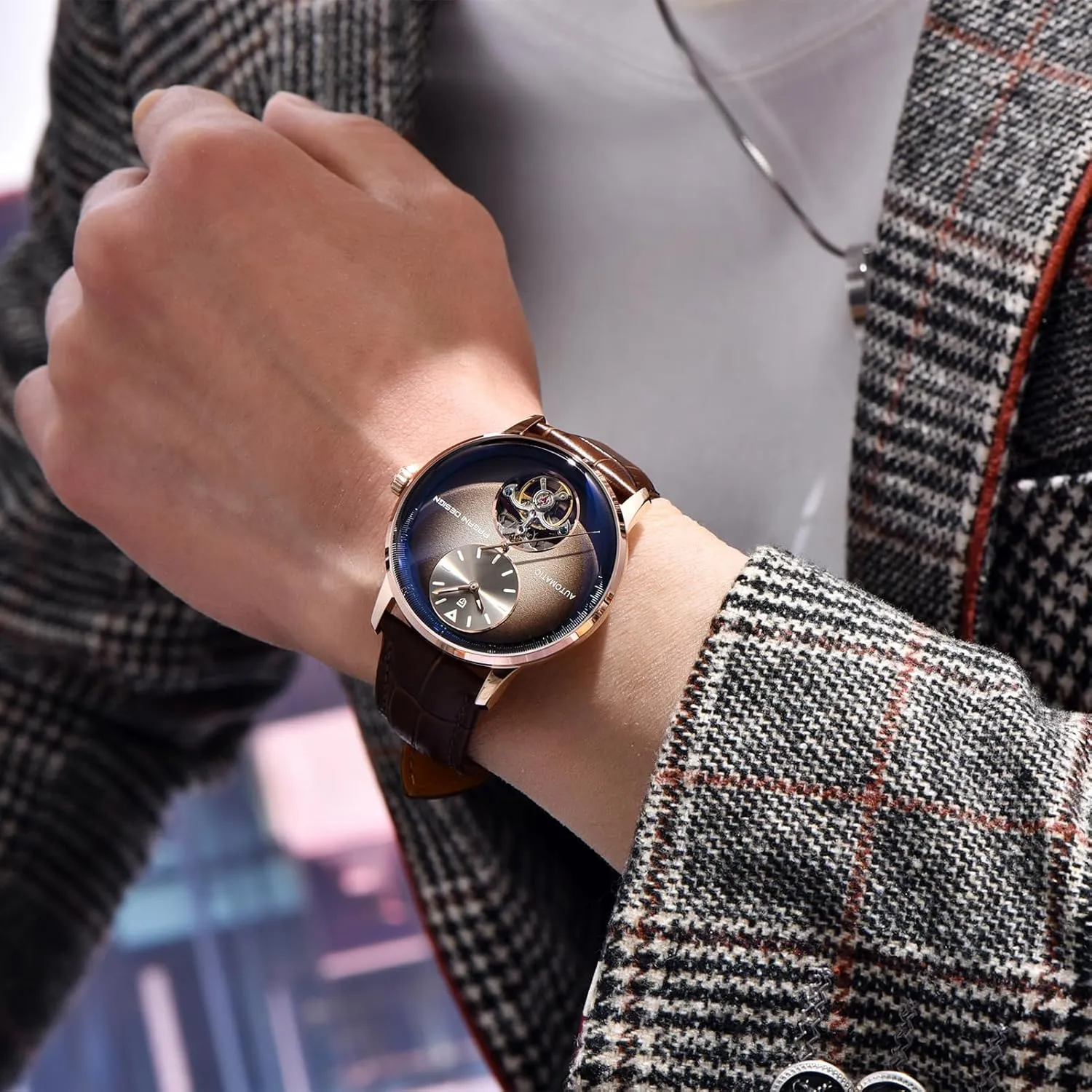 with PU Leather Strap 100m Water Resistant (10ATM) prestige originality psychology Self-Winding Sapphire Crystal Glass Pagani Design Men's Automatic Mechanical Watch Exposed Mechanical Movement 42mm 316L Stainless Steel 