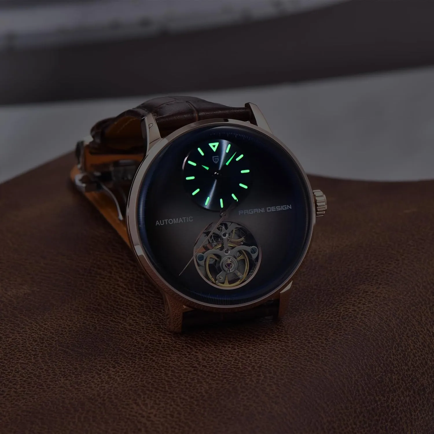 with PU Leather Strap 100m Water Resistant (10ATM) prestige originality psychology Self-Winding Sapphire Crystal Glass Pagani Design Men's Automatic Mechanical Watch Exposed Mechanical Movement 42mm 316L Stainless Steel 