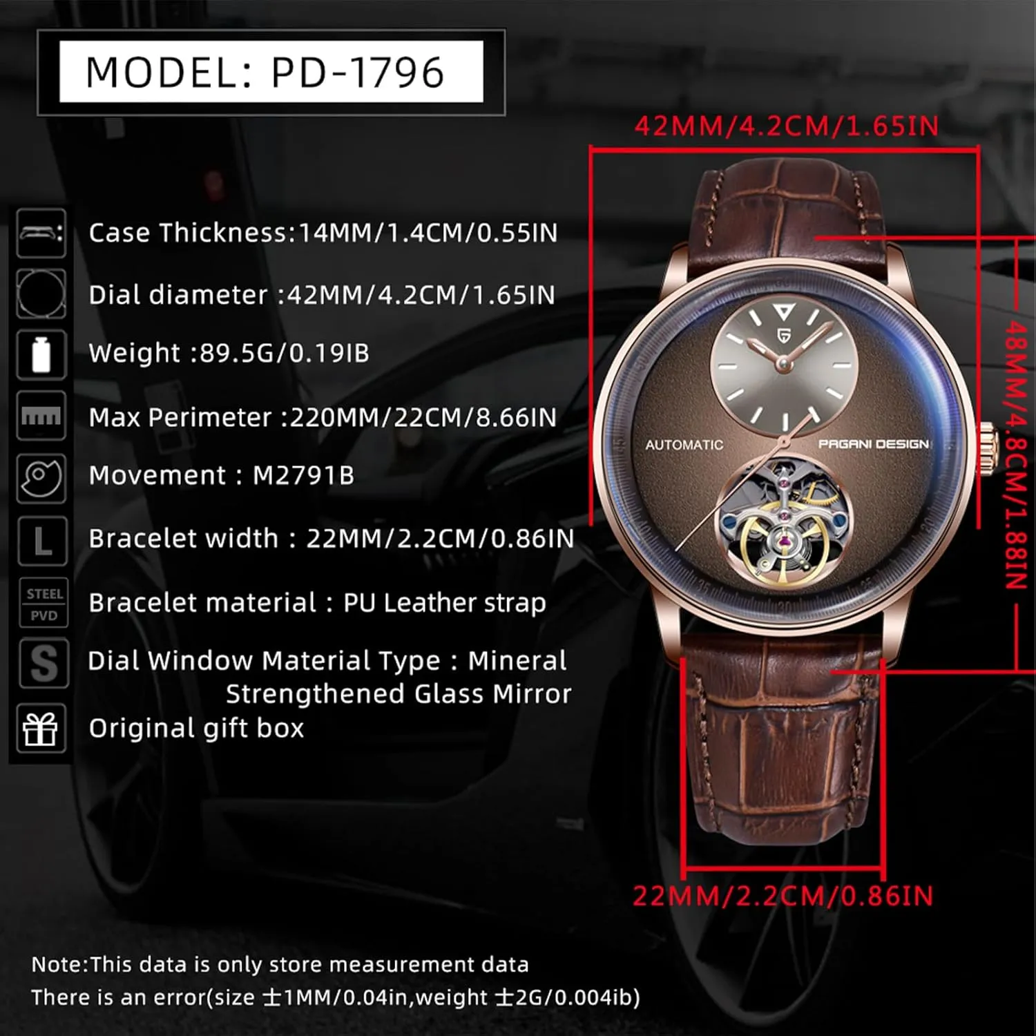 with PU Leather Strap 100m Water Resistant (10ATM) prestige originality psychology Self-Winding Sapphire Crystal Glass Pagani Design Men's Automatic Mechanical Watch Exposed Mechanical Movement 42mm 316L Stainless Steel 