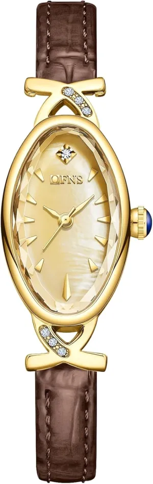 with Rhinestone Accent - Leather Band CARLIEN Women's Elegant Classic Slim Oval Pearl Dial Quartz Watch - dogged collapsible amphibious carton Luxury Dress Bracelet Wristwatch 