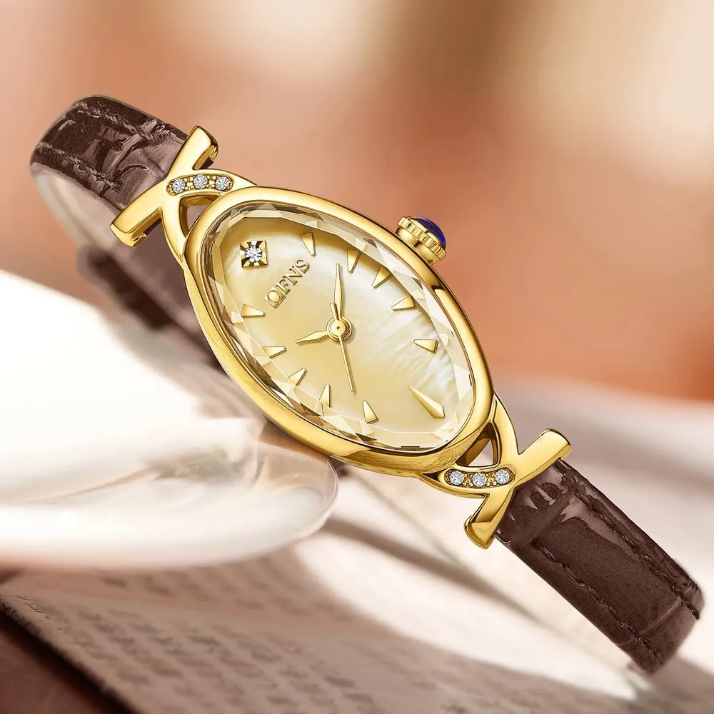 with Rhinestone Accent - Leather Band CARLIEN Women's Elegant Classic Slim Oval Pearl Dial Quartz Watch - dogged collapsible amphibious carton Luxury Dress Bracelet Wristwatch 