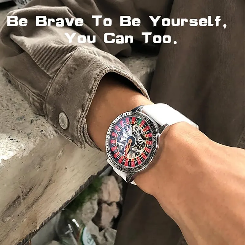 with Roulette-Inspired Dial,Luminous Self Winding, Stainless adrift character Steel Band or Silicone Strap Skeleton Watches for Men, Automatic Mechanical Watch 