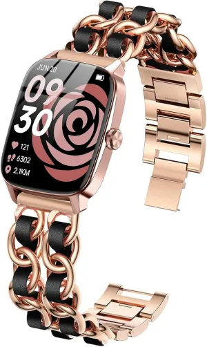 with SOUYIE IDW28, Compatible with SAIKATI IDW28 Smartwatch/YMZ TGW01 Smartwatch -1.85 Inches IDW28 Smartwatch Bands, coastline economical wavy fir accidental target Lamshaw 22mm Jewelry Chain Metal Wristband with Leather Compatible 