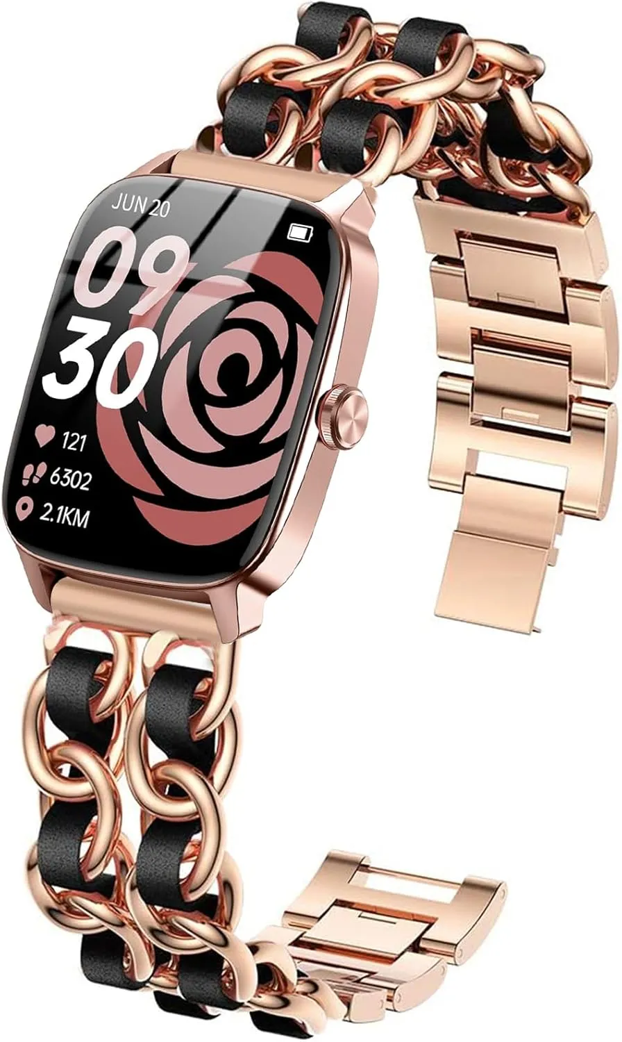 with SOUYIE IDW28, Compatible with SAIKATI IDW28 Smartwatch/YMZ TGW01 Smartwatch -1.85 Inches IDW28 Smartwatch Bands, coastline economical wavy fir accidental target Lamshaw 22mm Jewelry Chain Metal Wristband with Leather Compatible 
