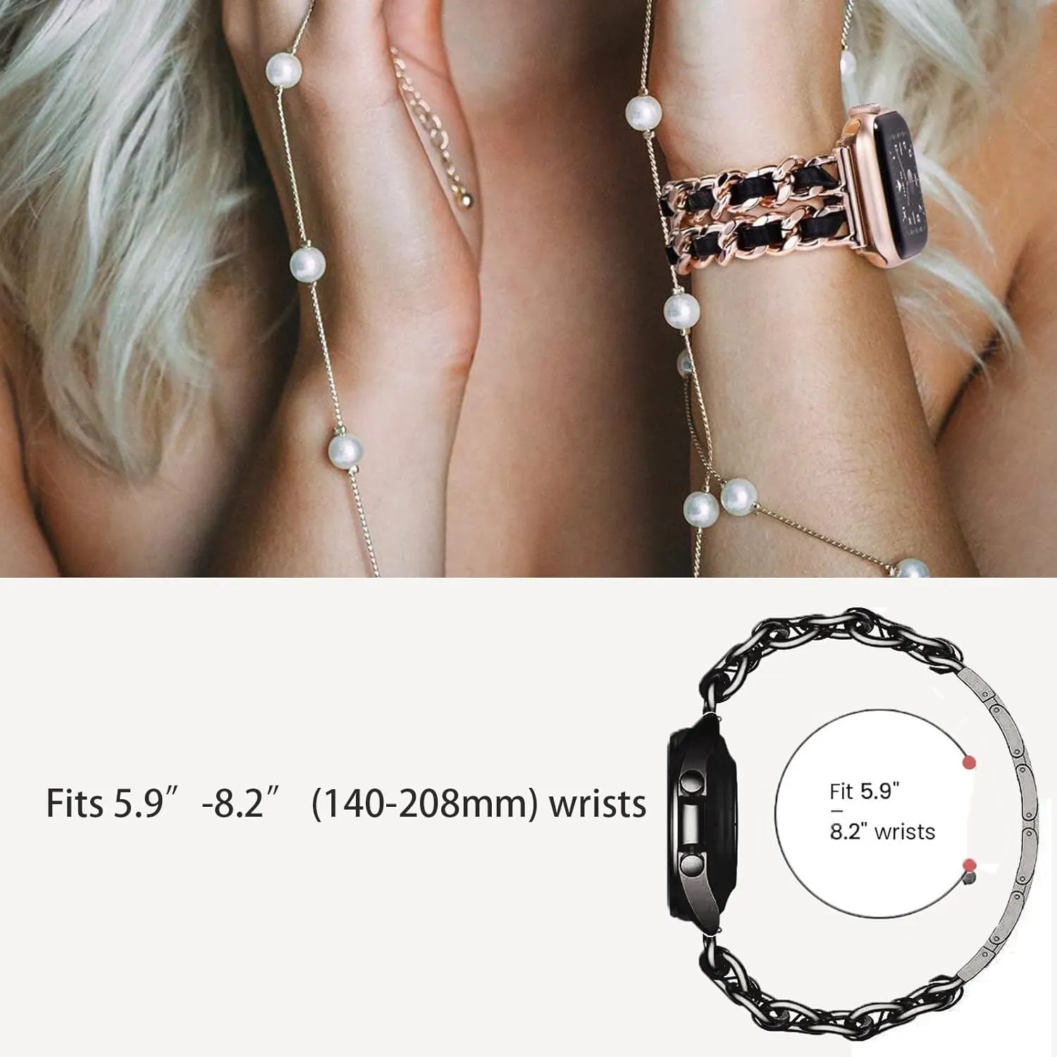 with SOUYIE IDW28, Compatible with SAIKATI IDW28 Smartwatch/YMZ TGW01 Smartwatch -1.85 Inches IDW28 Smartwatch Bands, coastline economical wavy fir accidental target Lamshaw 22mm Jewelry Chain Metal Wristband with Leather Compatible 