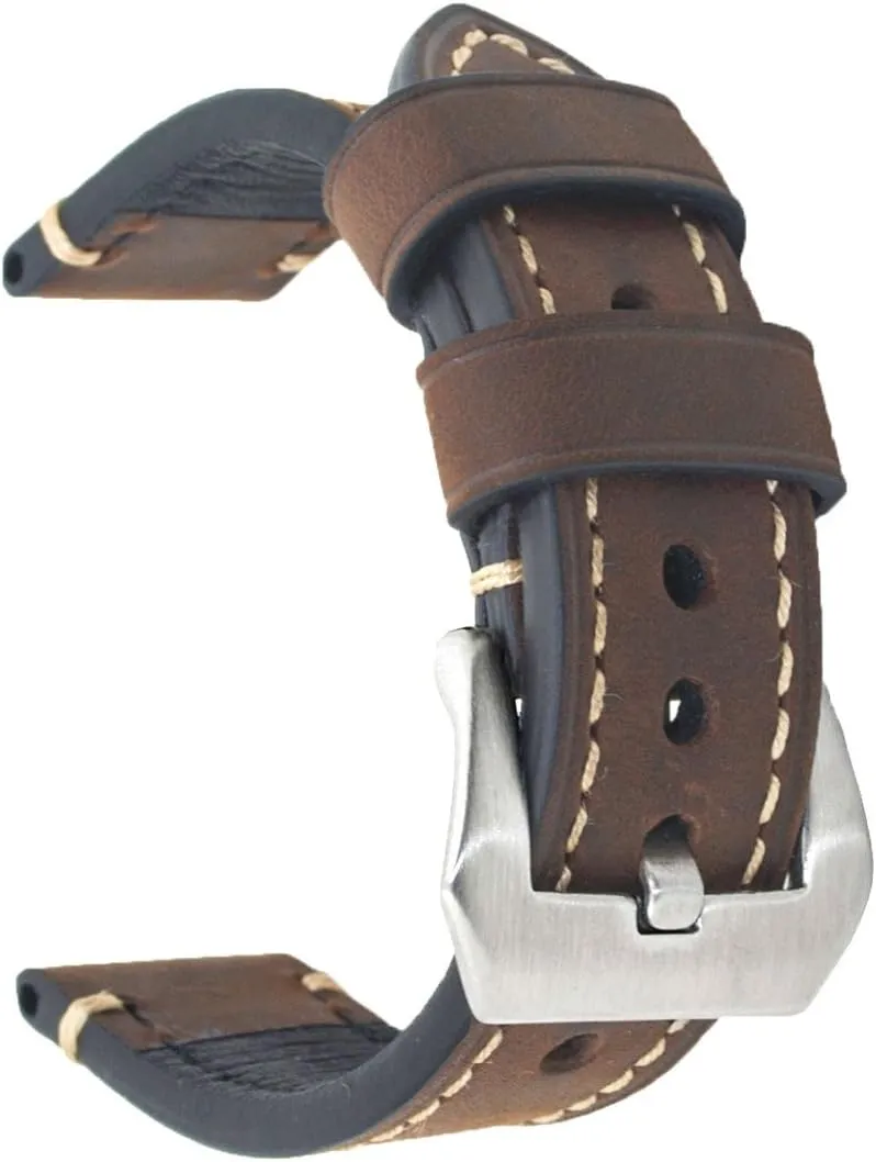 with Stainless Buckle Dark Brown 22mm Genuine near Leather Wristwatch Watch Band Oil Tan Vintage Strap for Men 