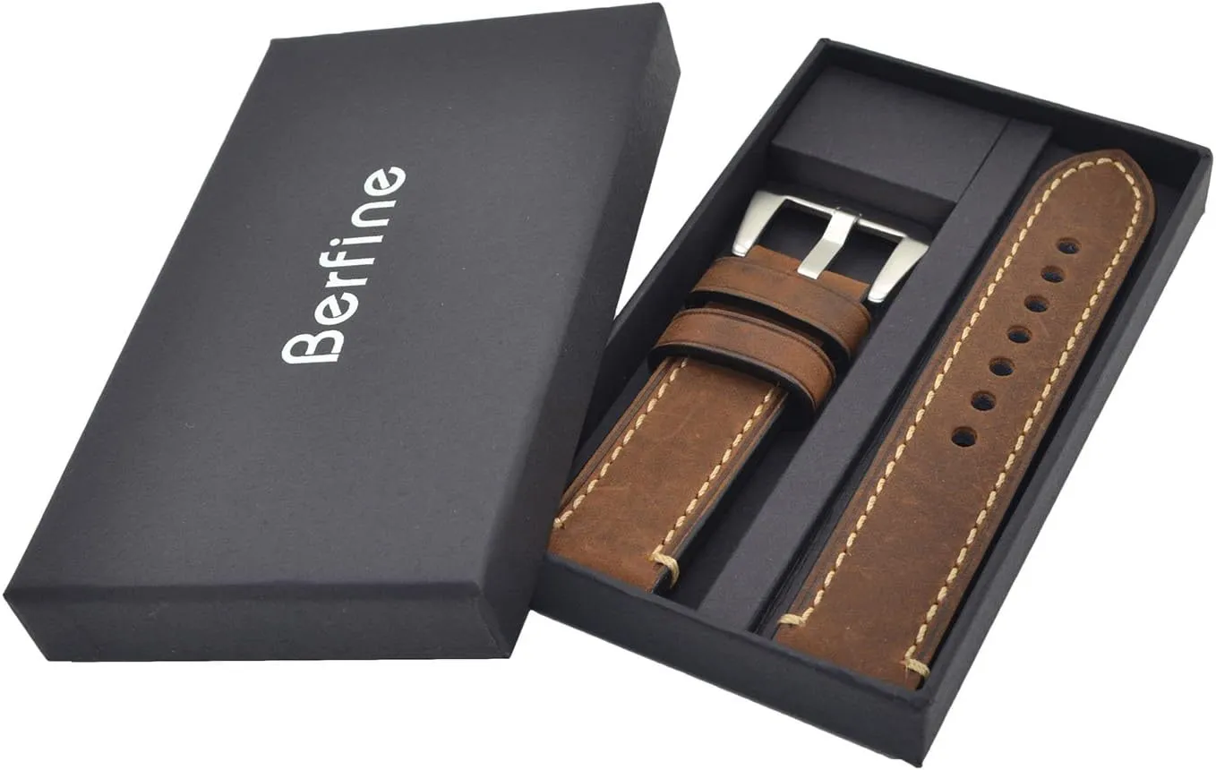 with Stainless Buckle Dark Brown 22mm Genuine near Leather Wristwatch Watch Band Oil Tan Vintage Strap for Men 