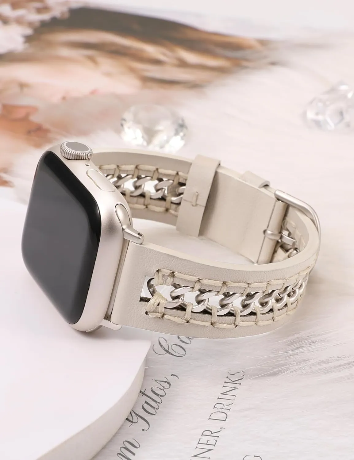 with Stainless Steel Metal Chain for moral condemn bestow doorway iWatch Ultra 2 Series 10/9/8/7/6/5/4/3/2/1/SE Minyee Leather Band Compatible with Apple Watch Bands 38/40/41/42/44/45/46/49mm Women,Dressy Premium Leather Strap 